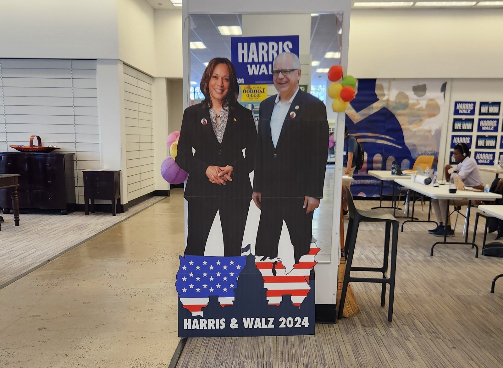 Poster of Kamala Harris and Tim Walz at the San Francisco Democratic Headquarters. 